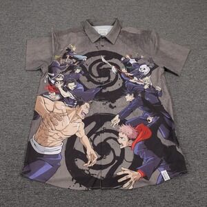 Loungefly Shirt Mens Large Gray Jujutsu Kaisen Anime Short Sleeve Button Up